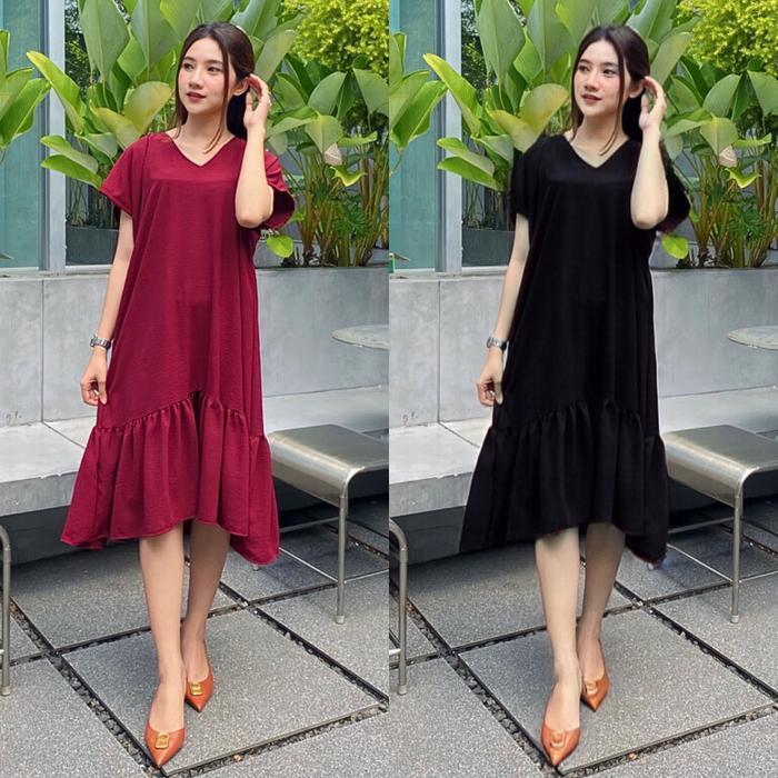 Jennie Dress Daster Kekinian Wanita Ruffle Kerah V Neck Crinkle Airflow Jumbo Daster Airflow Oblong
