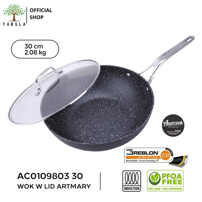 Tarsla Amercook Wok Pan Greblon AC0109803 Artmary Series Forged Alumunium with Glass Lid - 30 CM