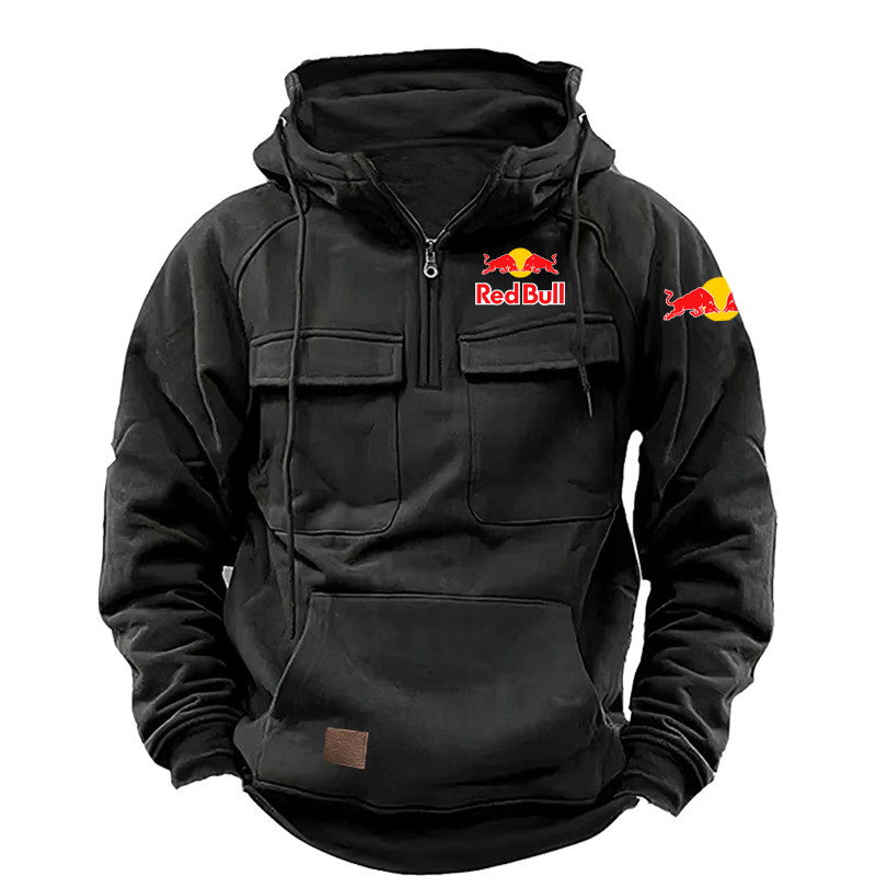 Red Bull Retro Tough Guy Heavyweight Hoodie Men's Hooded Zipper Fleece Lined Thickened Loose Men's