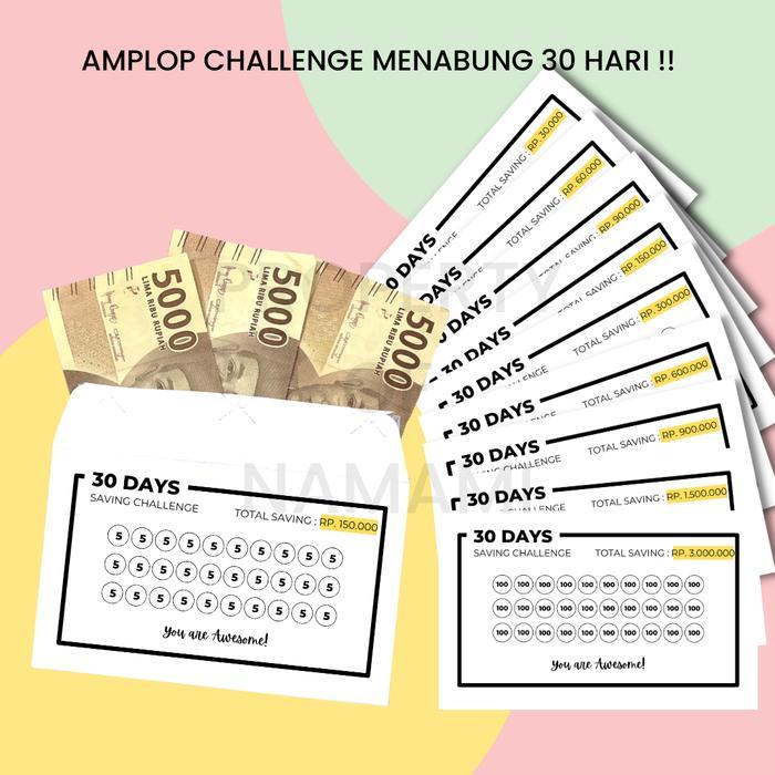 Terlaris Amplop Target Menabung 30 Hari, 40 Hari, 50 Hari, 100 Hari / Amplop Saving Challenge SALE