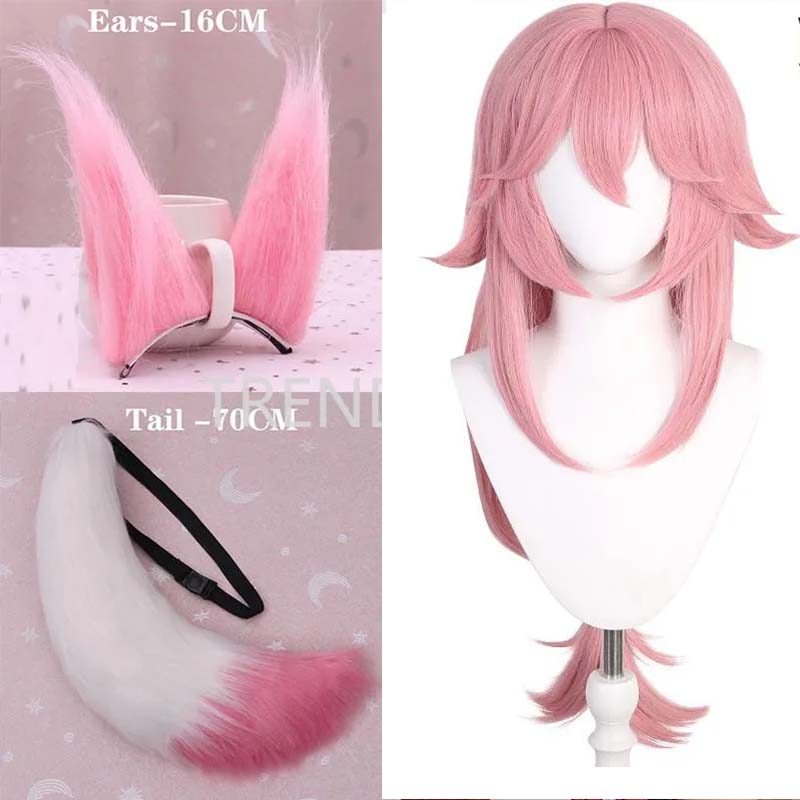 YAE MIKO PLUSH TAIL EAR WIG PINK FOX HANDMADE COSPLAY PROPS PINK FOX EARS TAIL WIG