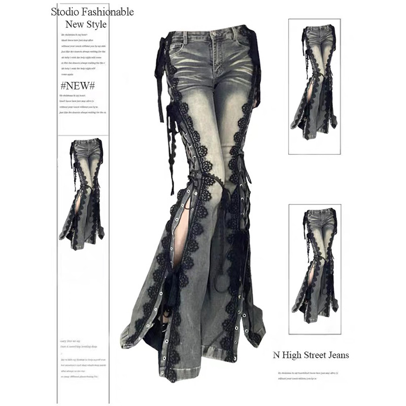 Women Academia Goblin Core Harajuku Y2K Low Rise Lace Jean Abi Denim Flare Pants Bell-Bottom Y2k