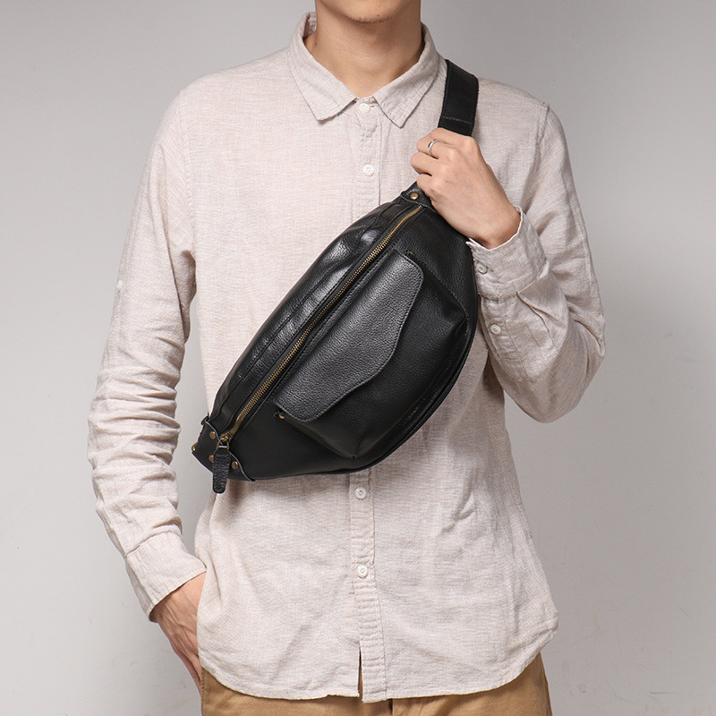 LUOKIR Retro Leather Men's Chest Bag, Vegetable Tanned Leather Casual Crossbody Bag, Cowhide