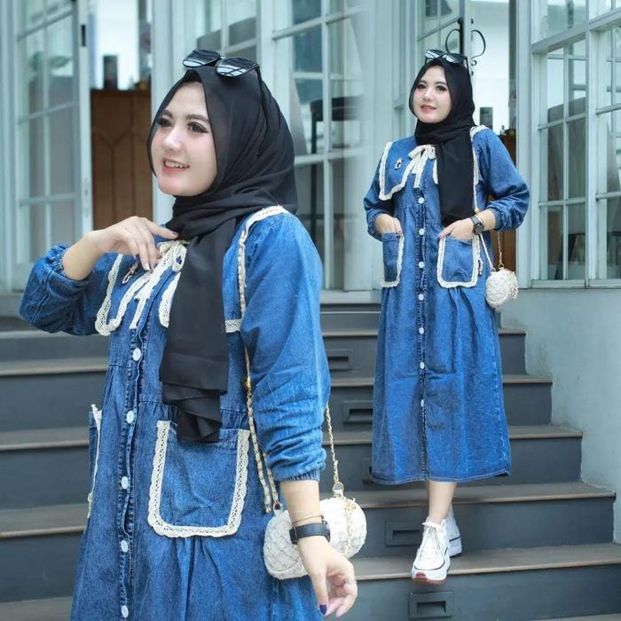 Atasan Tunik Jeans Model Terbaru Variasi Renda Mewah Simple Formal Nyaman Midi Dress Pakaian Muslim