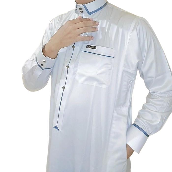 Baju jubah gamis pria muslim slimfit putih les abu kancing import Bahan Saudi polyester import