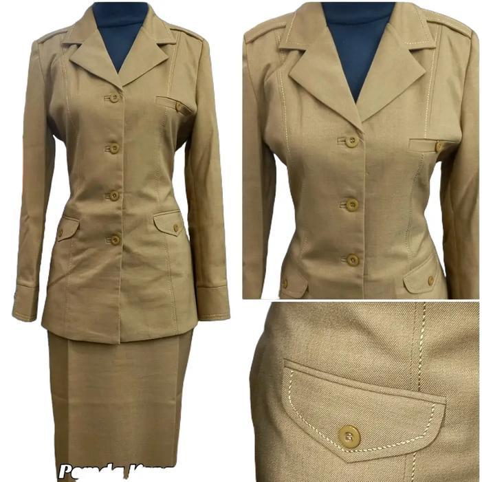 DISKON Stelan Blezer Khaki Pns Wanita Kantong Tiga Kerah Jas Set Rok Span dan Celana Blazer Kantor
