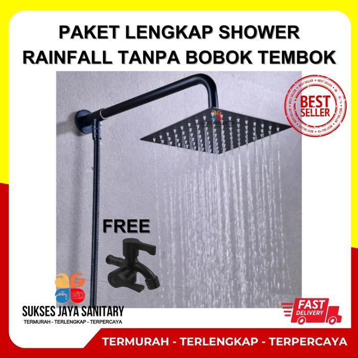Toto - Wall Shower Rainfall 8 Inch Stainless Satu Set Hitam /Shower Kencang Tanpa Pompa Air Kotak