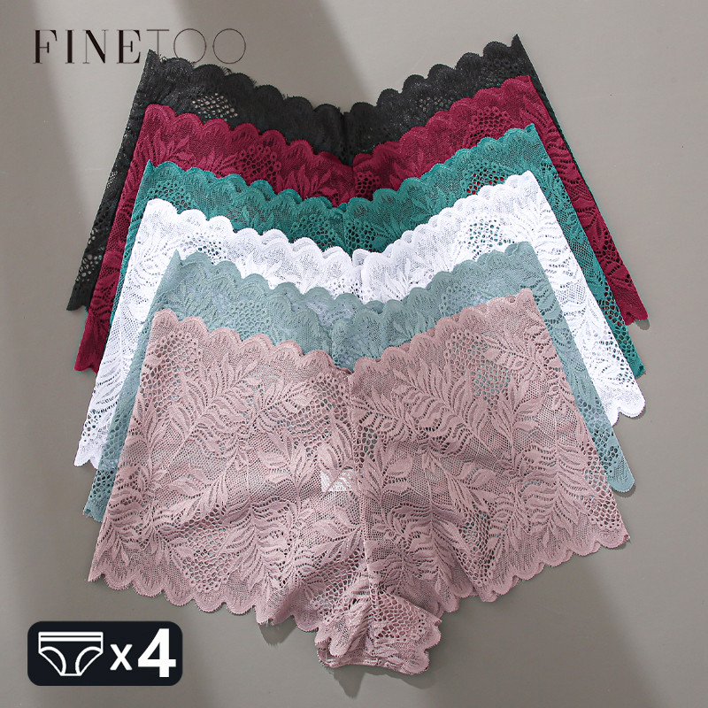 Finetoo 4Pcs Lace Floral Boyshorts Underwear For Women Sexy Hollow Out Solid Panties Female