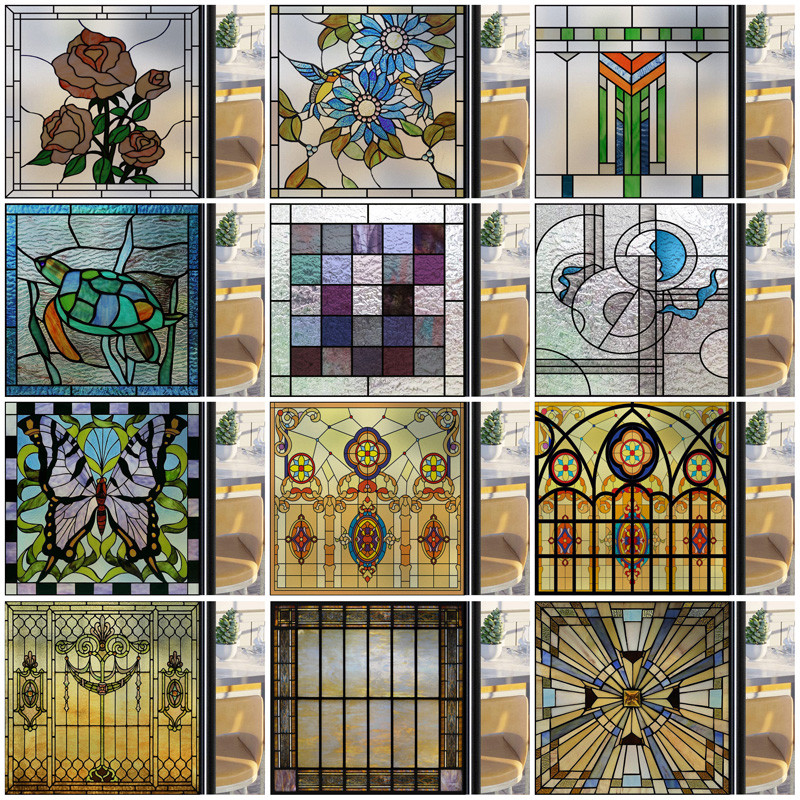 Film Kaca Film Kaca Patri Buram, Stiker Pintu Lengket Statis Desain Art Deco Kustom, Perawatan Jende