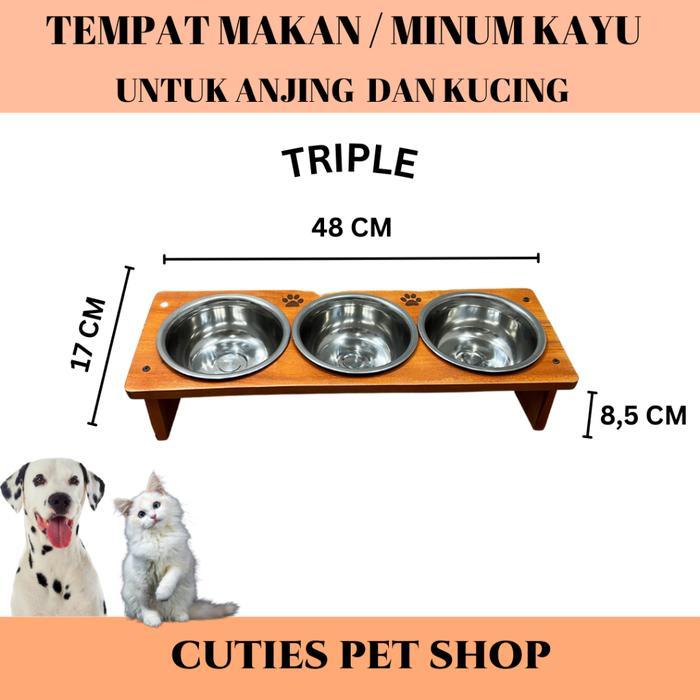 TEMPAT MAKAN MINUM ANJING KUCING / TEMPAT TATAKAN MAKAN KAYU STAINLESS