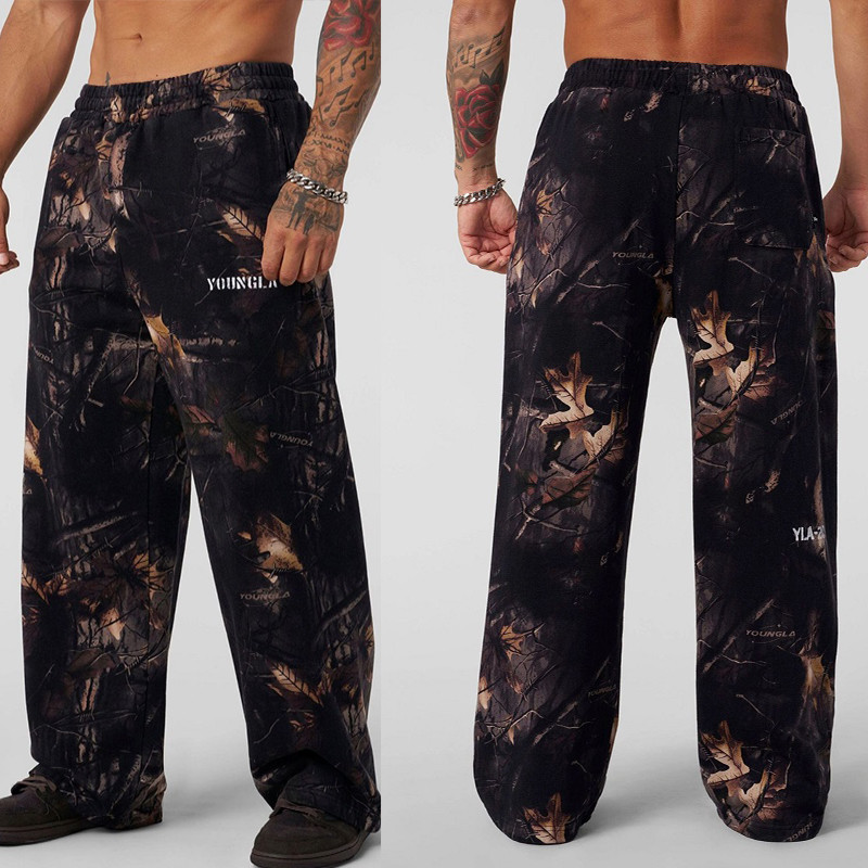 Y2K Leaf Camouflage Printed Straight Leg Casual Pants for Men's Loose Sports Outdoor Camouflage Wide