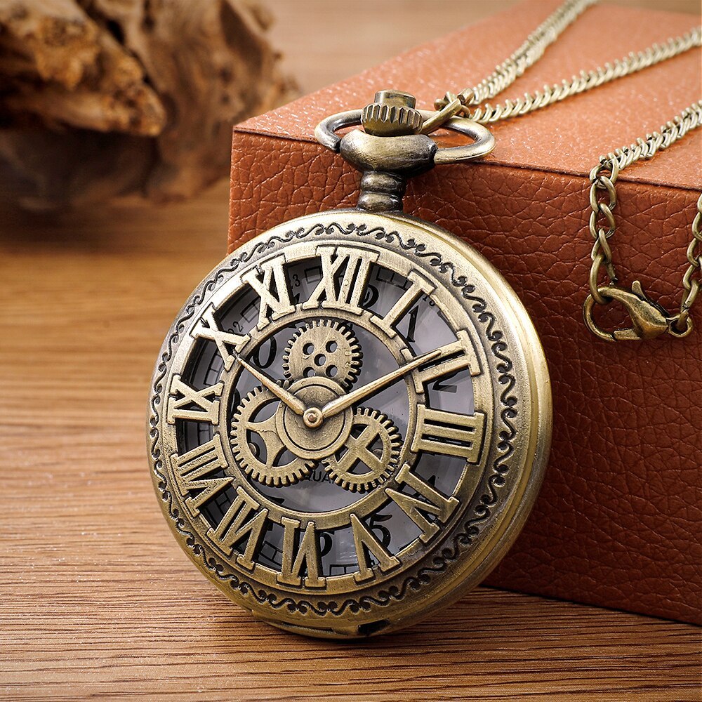 Antique Steam Vintage Roman Numerals Quartz Pocket Watch Bronze Case Necklace Pendant Clock Chain