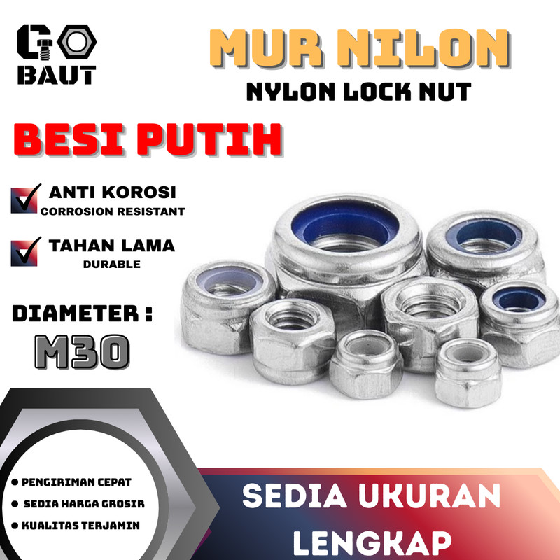 Mur Nilon Hex / Nylon Lock Nut Besi (Putih) M30