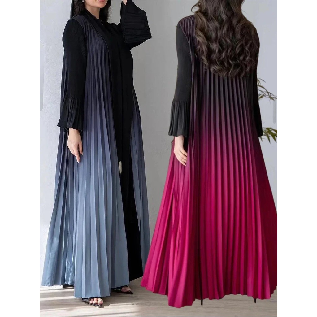 Pleated Gradient Muslim Abaya Women Abayas Saudi Arab Flare Sleeve Cardigan Dress Caftan Maxi