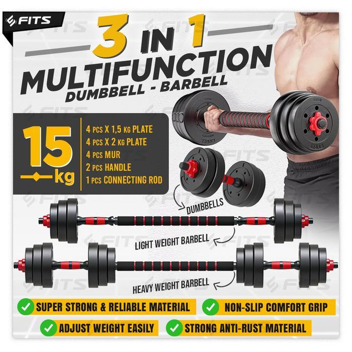SFIDN FITS 3 IN 1 Adjustable 15kg Dumbell Barbel Dumbbell Barbell Set
