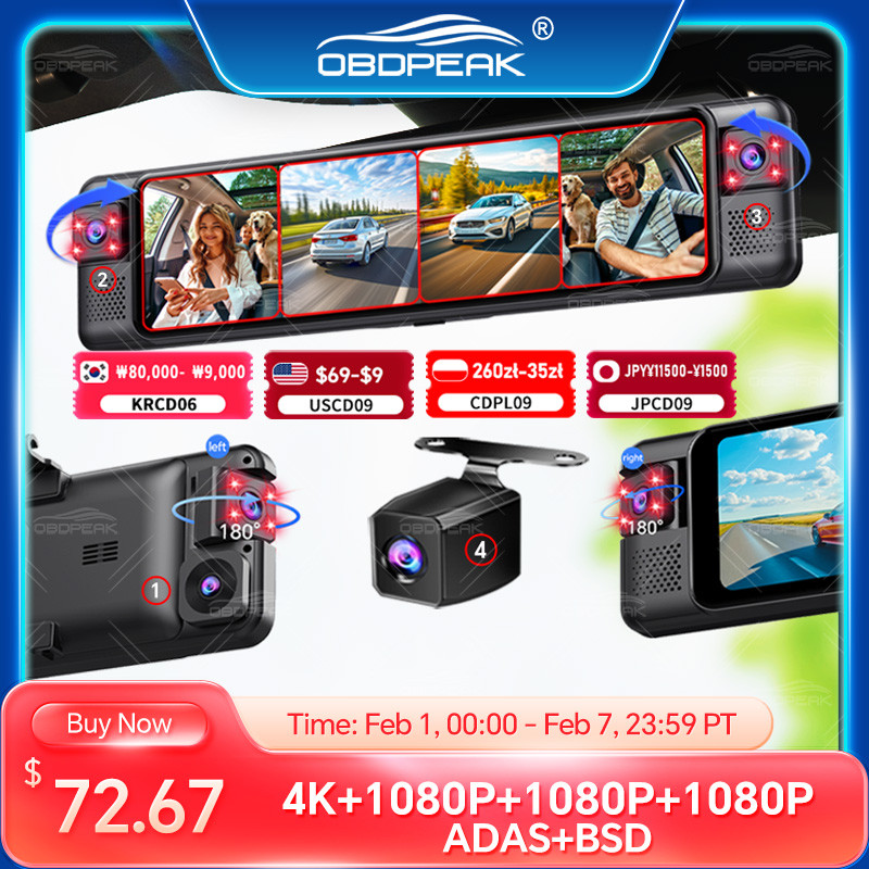 D80 4K DashCam ADAS Rearview Mirror Dash Cam 4CH Cameras 360 Record Car DVR WIFI APP 1080P BSD Auto