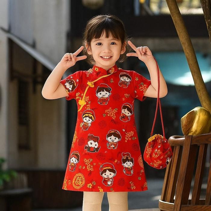 Cheongsam Baju Cina Dress Anak Perempuan Model Lurus Cantik Motif - Fashion Pasti Promo