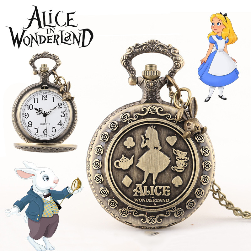 Disney Alice in Wonderland Cute Metal Quartz Pocket Watch Men Vintage Necklace Women Fashion Watches
