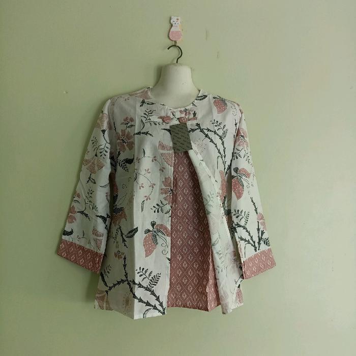 Blus Bolero Lengan Panjang Tanpa Krah Ritsleting Belakang/ Atasan Batik Wanita Katun/ Baju Kerja