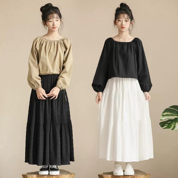 Rok Panjang Basic Polos Anak Perempuan Bahan Shakila Model A-Line Gaya Korea Cocok Usia 5-14Th