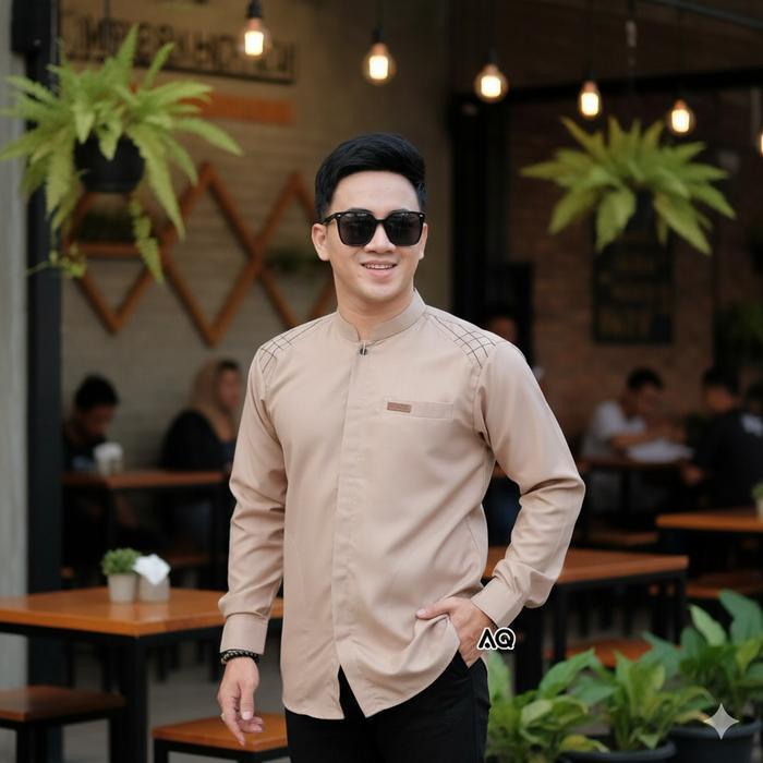 Baju Koko Pria Lengan Panjang Polos Motif Bordir Ruby Warna Abu Grey Bahan Katun Toyobo Premium