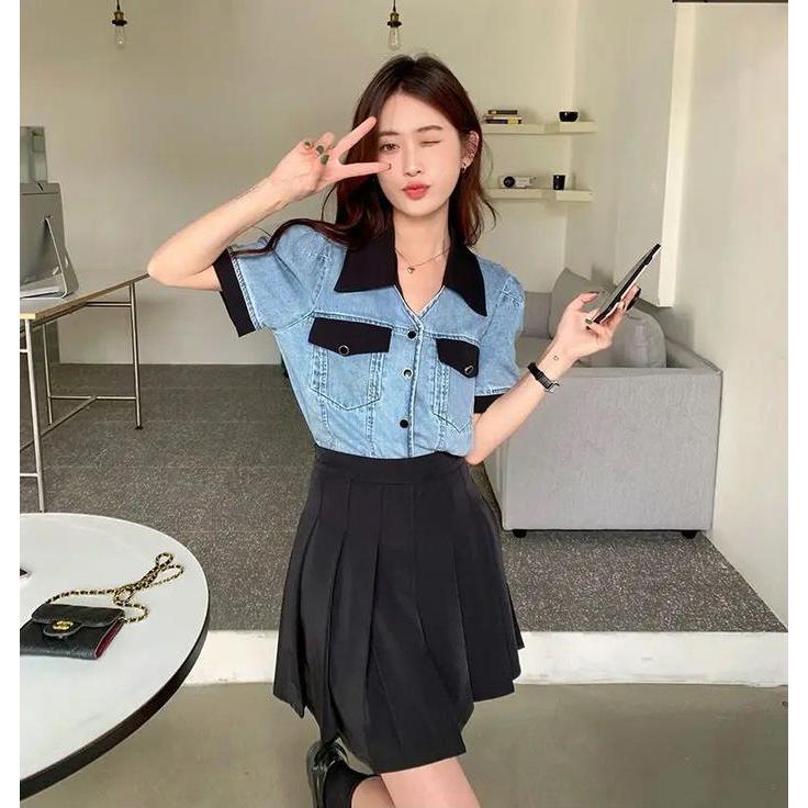 983-KEMEJA JEANS WANITA LENGAN PENDEK/KEMEJA & BLOUSE WANITA LENGAN PENDEK Atasan Casual Denim