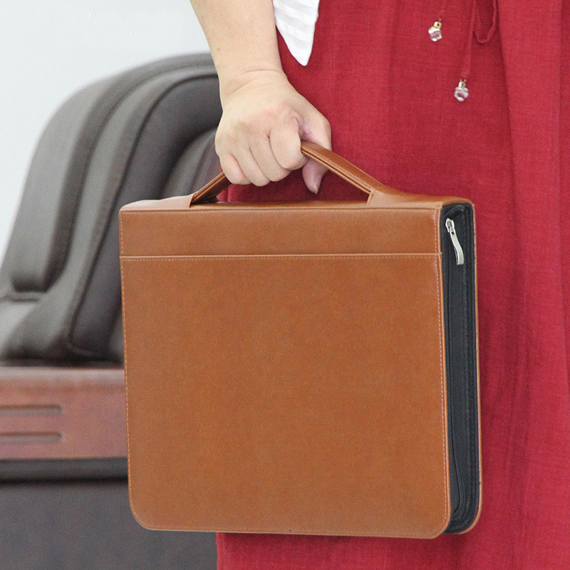 A4 zipper leather portfilio with handle spring binder manager document bag business file folder brie