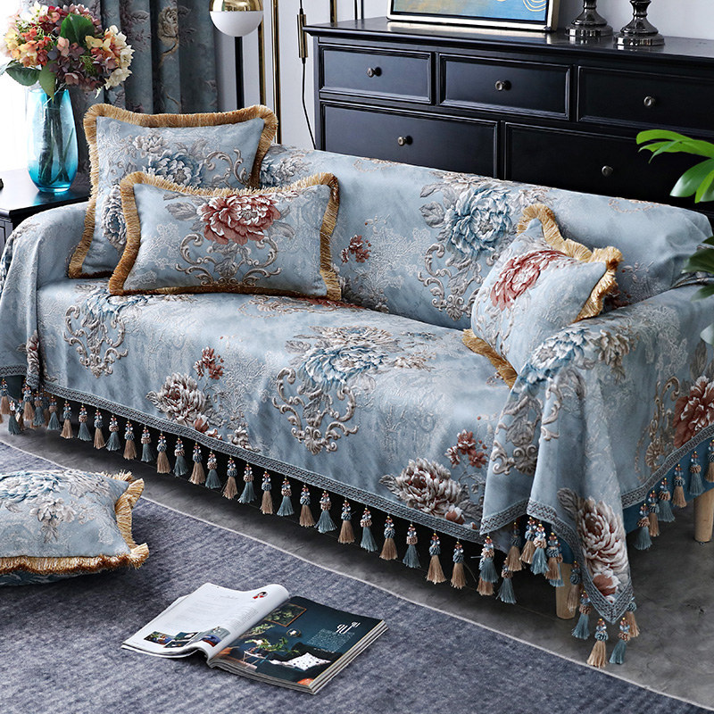 Penutup Sofa 3/4 Tempat Duduk Rumbai Jacquard Mewah Handuk Sofa Eropa Chenille Penutup Sofa Bunga 3D