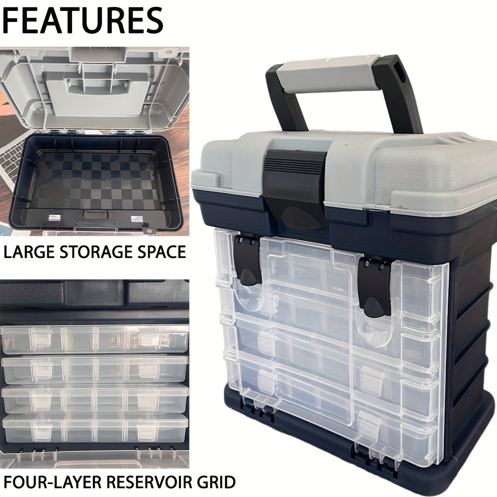 A portable fishing tackle box, a four-layer bait box, a grey fishing accessory storage box, a