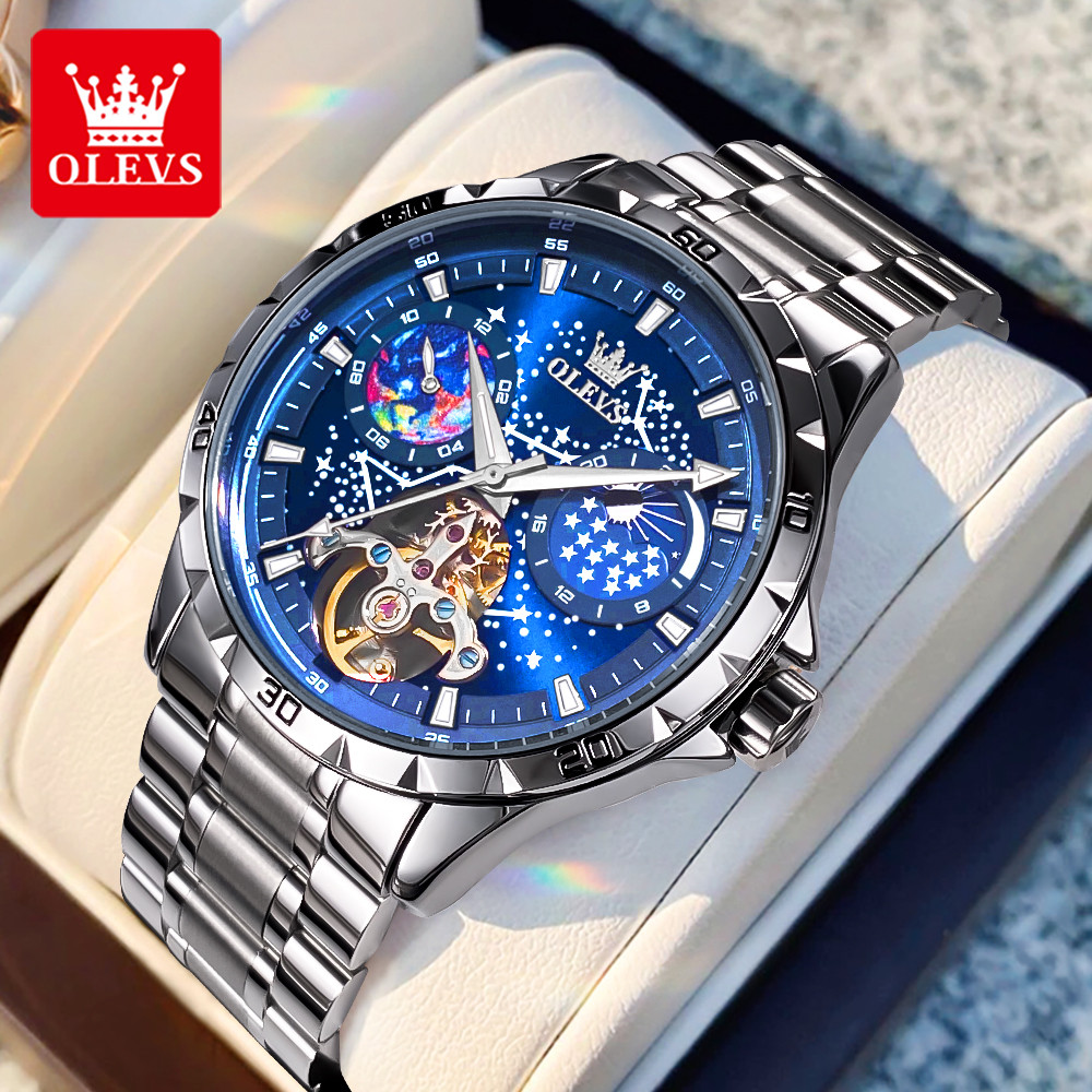 OLEVS Flywheel Skeleton Automatic Watch for Men Luminous Starry Sky Waterproof Business Wristwatch