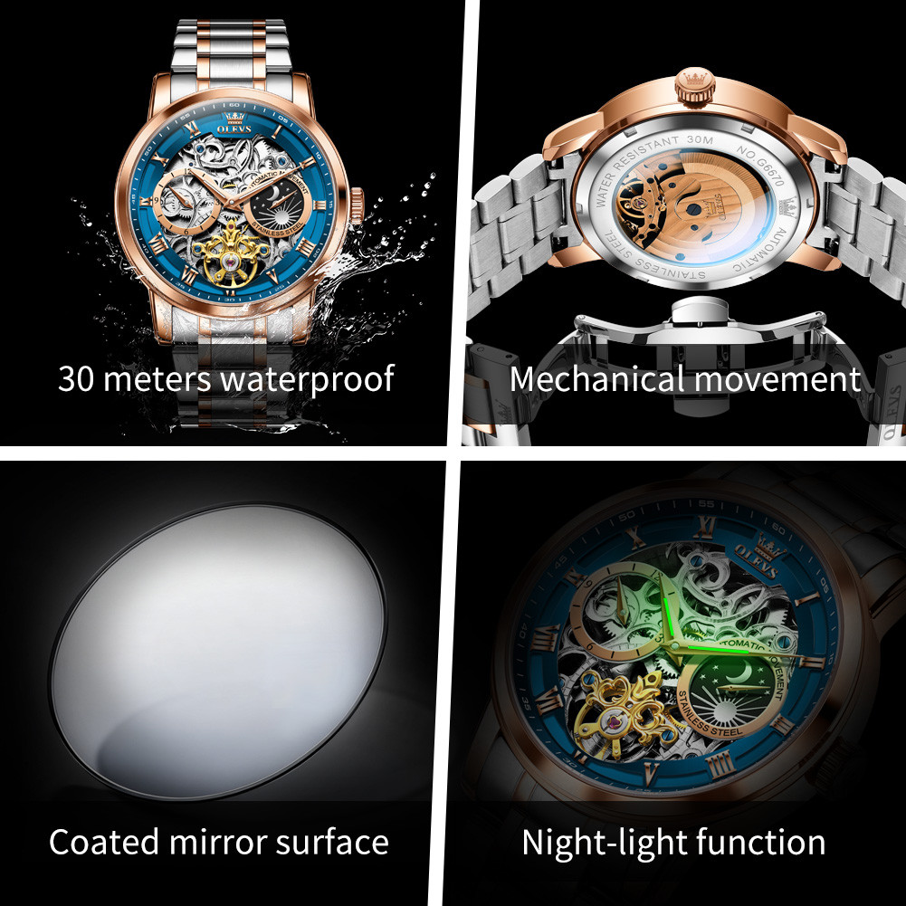 OLEVS ORIGINAL MEN'S WATCHES SKELETON WATERPROOF LUMINOUS AUTOMATIC MECHANICAL WATCH FOR MAN