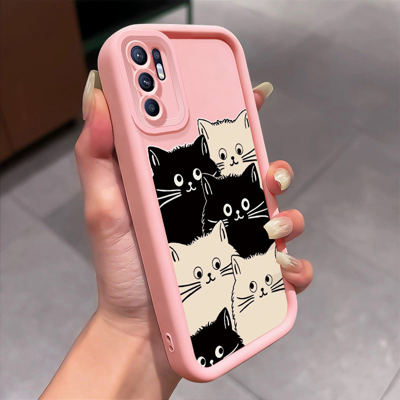Casing Hp untuk OPPO Reno 6 4G Reno 6 5G Case Kucing hitam putih Kasing silikon  Cesing tekstur lemb