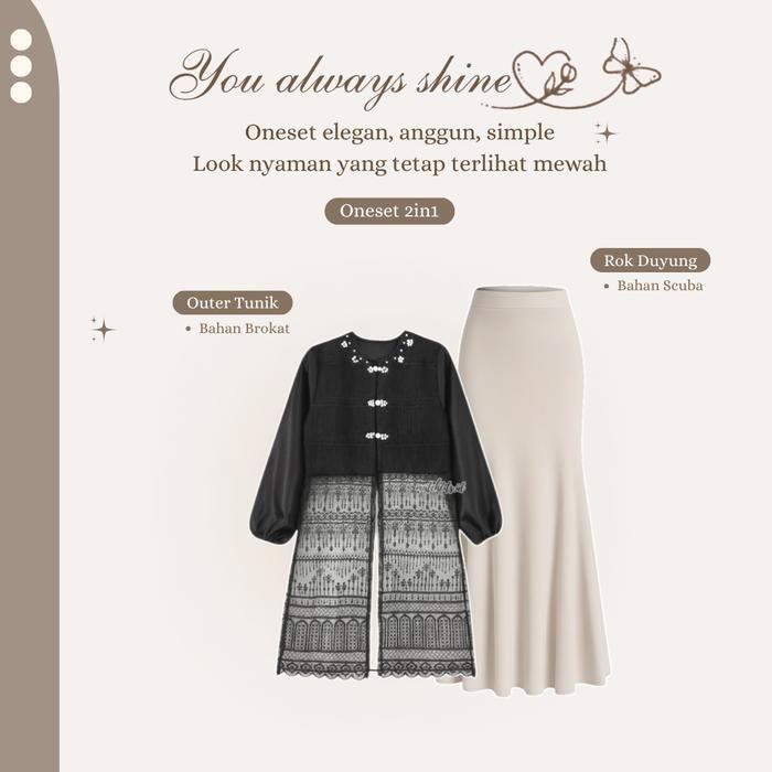 Satu Set Outfit Wanita ( Tulip Outer Tunik Brokat - Rok Duyung Scuba - Hijab Bella Square ) One Set