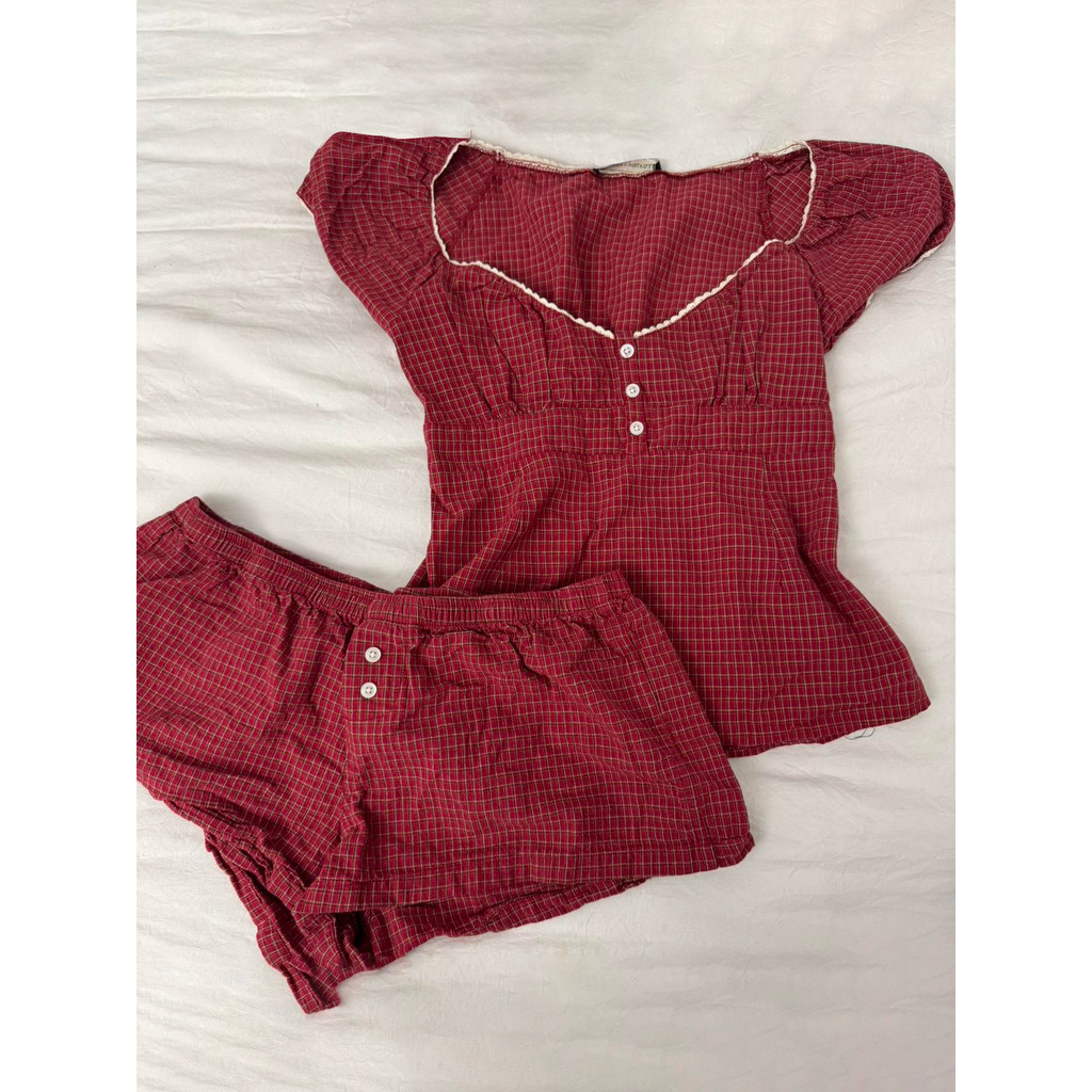 Red Plaid T-Shirt Shorts Set Women Summer Lace-up Puff Sleeve Blouse+Buttons Elastic Waist Short