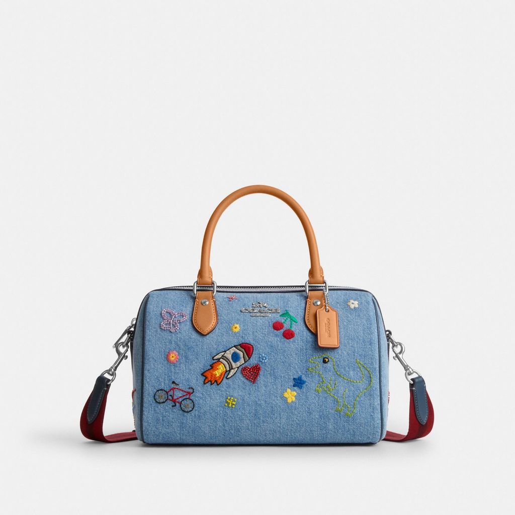 Coach Rowan Satchel Bag In Signature Denim With Patches And Embroidery - Tas Jinjing Wanita