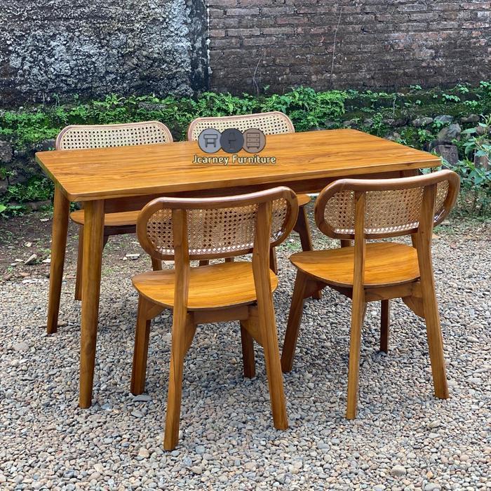 set kursi makan rotan retro jati/meja makan rotan 4 kursi
