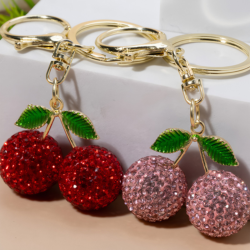1 Pcs Fashion Alloy Rhinestone Simulation Cherry Pendant Keychain Personalized Charm Backpack Car