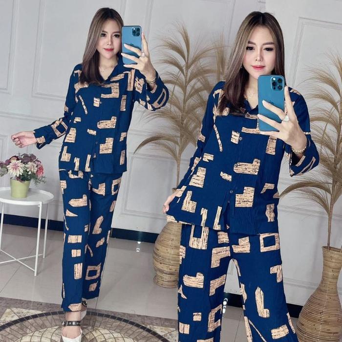 Premium Setelan Wanita Lengan Panjang - One Set Tie Dye - Setelan Piyama Motif Urat Kayu - One Set