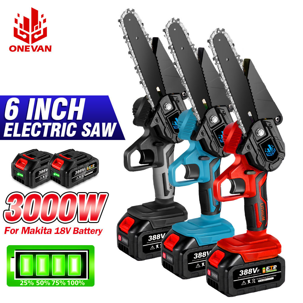 ONEVAN 6Inch Electric Chain Saw 3000W Cordless Mini Battery ChainSaw Gardening Tools Rechargeable Fo