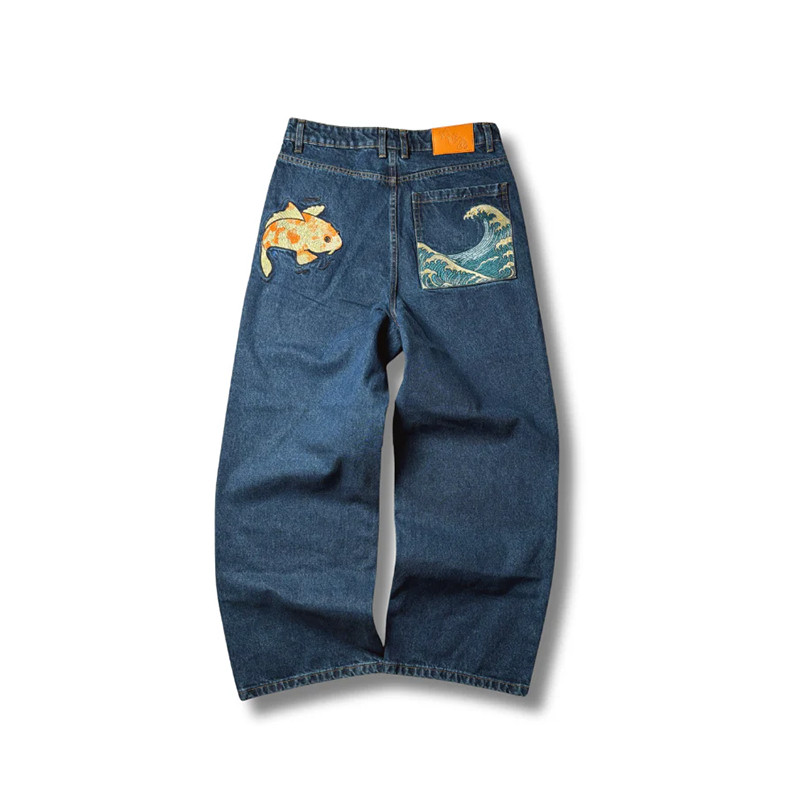 Retro Japanese Koi Fish Plum Blossom Embroidery Pattern High Waist Loose Wide Leg Jeans Y2K Men