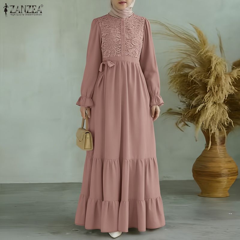 ZANZEA Women Elegant Embroidered Muslim Abaya Dress Ramadan Robe Eid Dress Autumn Spring Long Sleeve