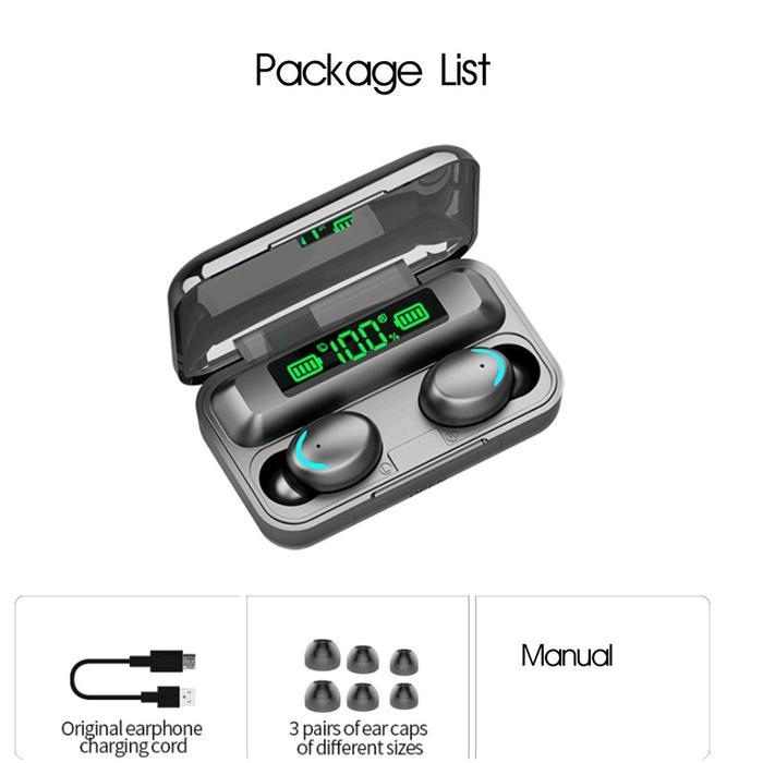 "New" EWAA TWS F9-5 EARPHONE BLUETOOTH SMART DISPLAY WITH 3500 MAH POWER BANK Bass Hitam Headset
