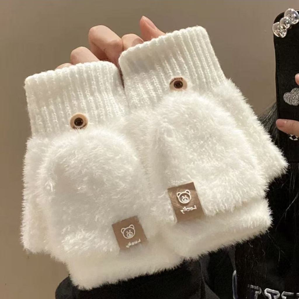 Winter Women'S Fuzzy Gloves Flip-Top Student Writing Fingerless Mittens Warm Thick Cute Bear Typing