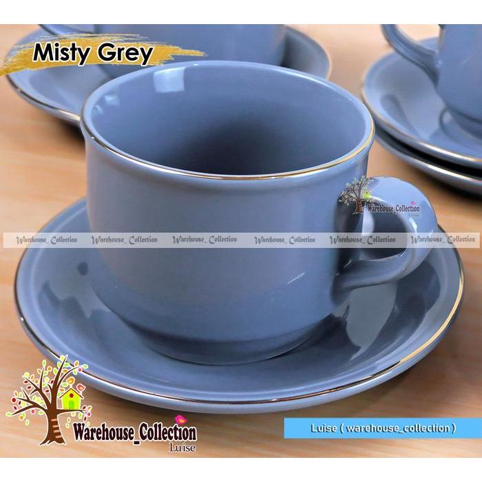 ( Per-Biji) Cangkir Set Warna List Emas // Coffee Set Sango Keramik (1 Cangkir +1 Lepek)// Sang