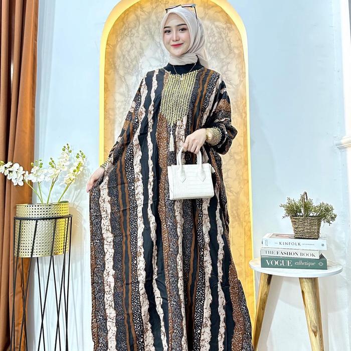 Kaftan Rayon Jumbo motif Riana Baju Muslimah Lengan Panjang Wanita Gamis
