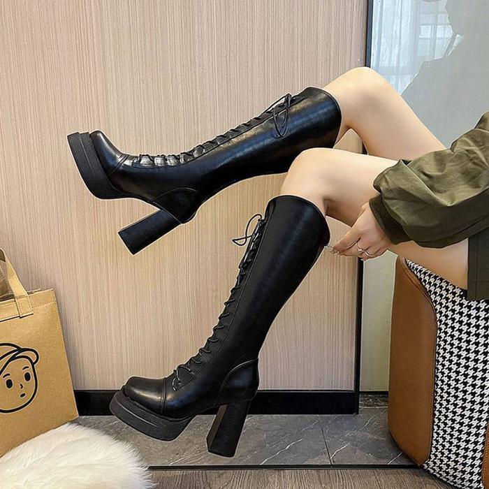 Promo [Pinkey] Sepatu Boots Panjang Wanita Boots Winter Overknee Pu Leather Shoes Heels P390