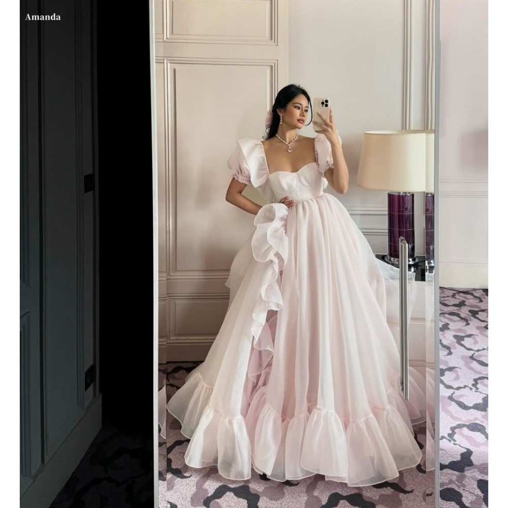 Amanda Customized Pink Strapless Square Collar Prom Dresses A-line Organza vestidos de noche