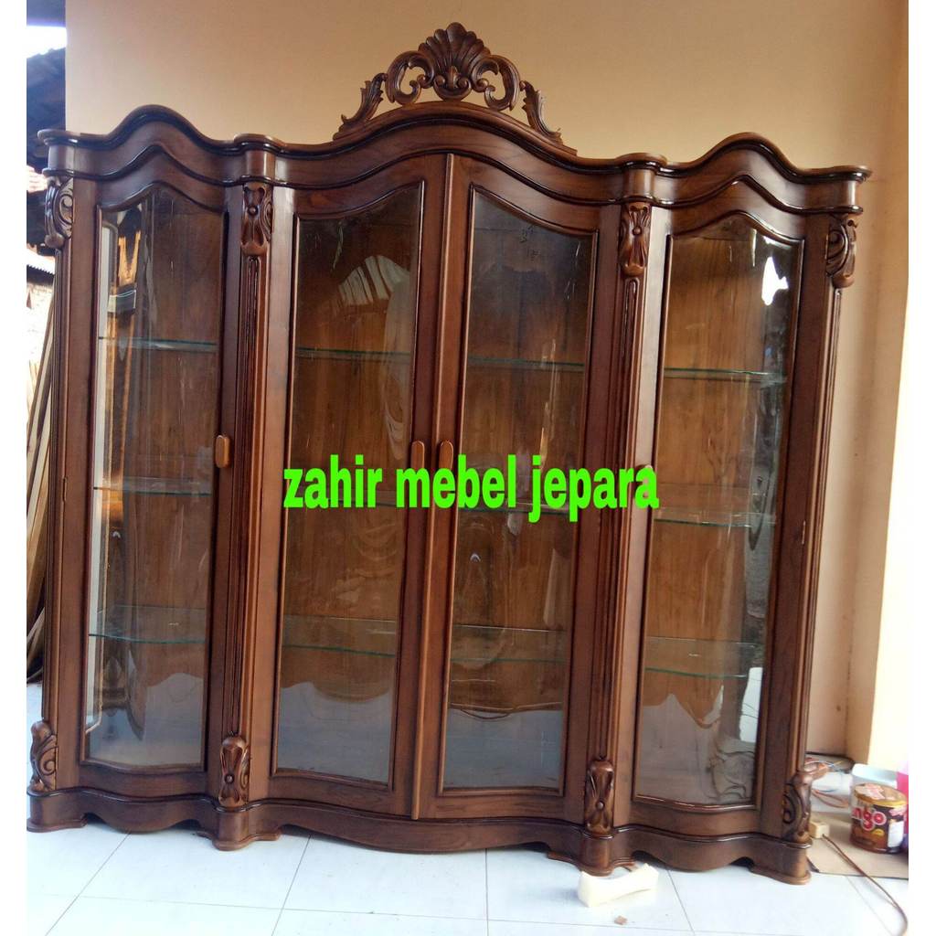 lemari hias jati kaca 4 pintu