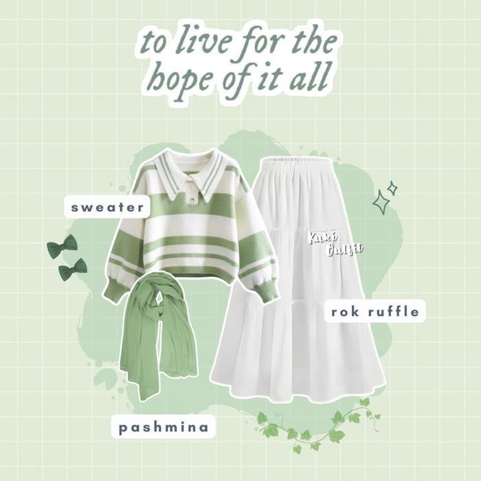 Kuki Outfit - Oneset Rok Korean Style (Sweater, Rok, Hijab) One Set Wanita Hijab Ootd Rajut Stripe -