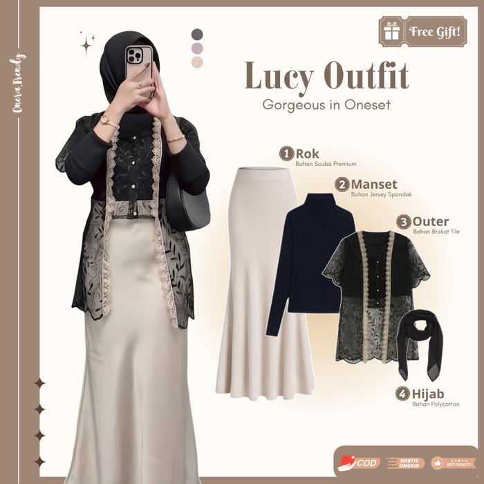 Outfit Hari Raya Untuk Wanita Baju Lebaran Outer Brokat, Rok Duyung, Manset, Dan Hijab Persegi O31T